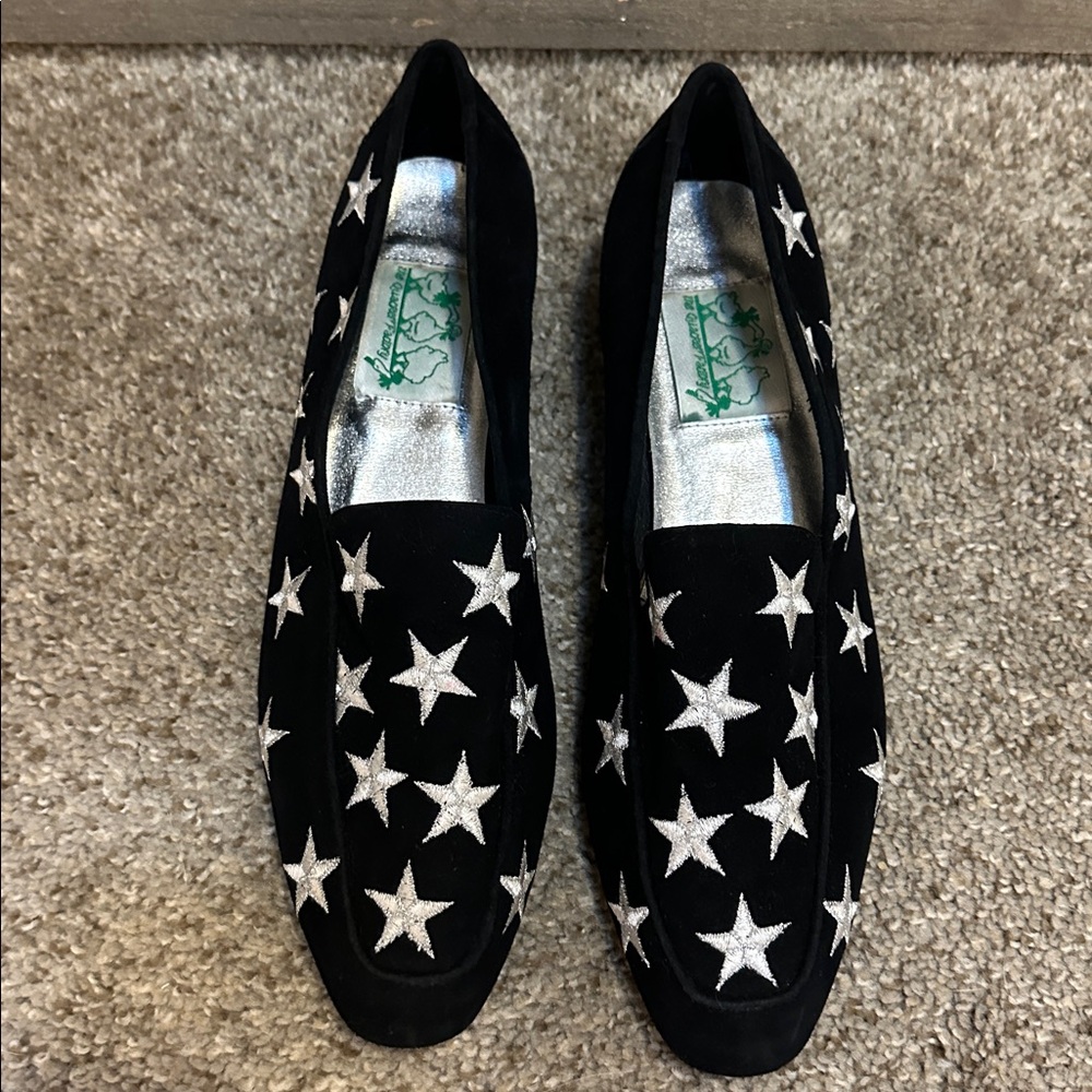 Black Vintage Star Embroidered Suede Loafers Celestial Festival Slip On 9.5
